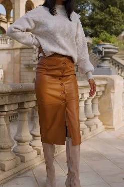 Tan Leather Button Front Midi Skirt -Trendora Shop 92c2dfc954c78808e53c8b4d4cc4ce40adb9f993