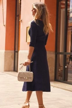 Navy Blue Metallic Sweetheart Neckline Fit & Flare Knitted Dress -Trendora Shop 9a300d0e75210688296a52ca3bd10f25df6f683e