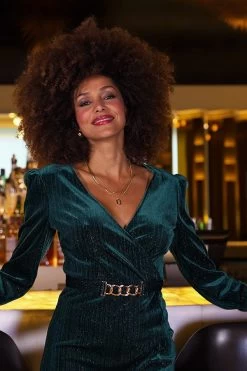 Emerald Green Velvet Faux Wrap Midi Dress With Belt -Trendora Shop 9e06d21ee6c42261b578df1a87b30fdc902ec888