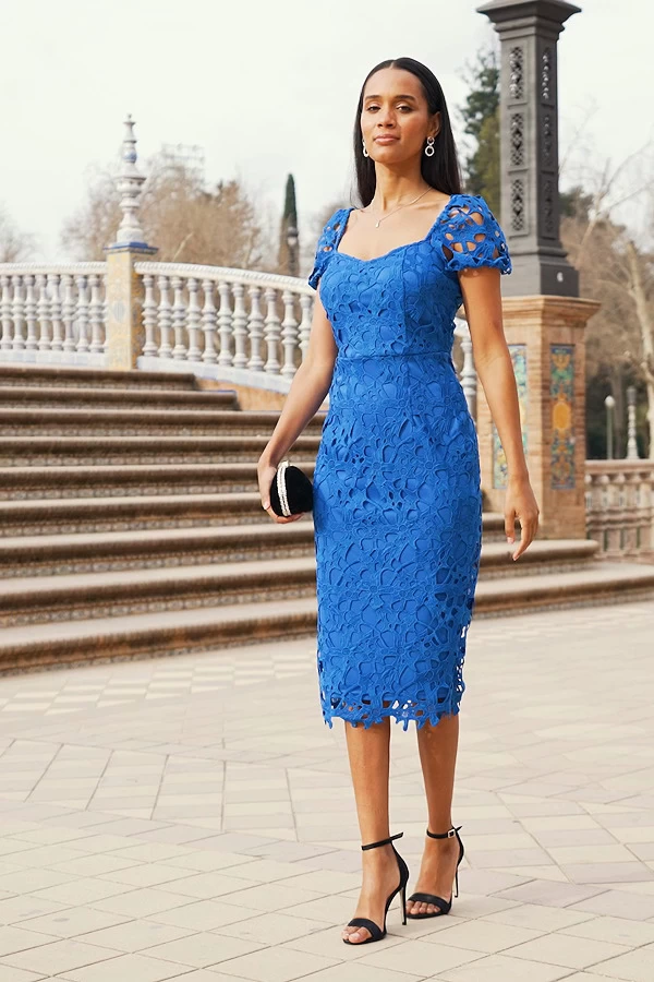 Cobalt Blue Luxe Lace Detail Pencil Dress 5 Cobalt Blue Luxe Lace Detail Pencil Dress - Image 5