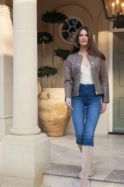 Taupe Quilted Round Neck Leather Jacket With Gold Buttons 15 Taupe Quilted Round Neck Leather Jacket With Gold Buttons -Trendora Shop a05a11fda417070ab00a22429f73120924cf9264