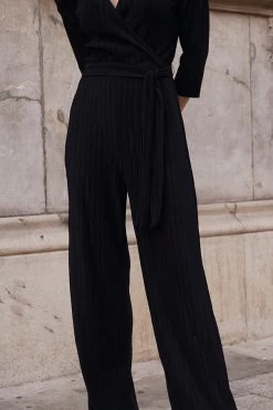 Black Plisse Wrap Front Jumpsuit -Trendora Shop a12ae1c0b07872b1462c67fd68c152f0024dfdc8