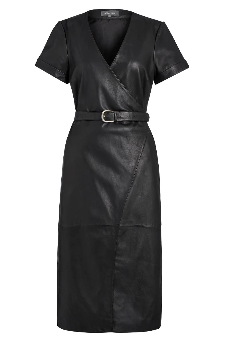 Black Luxury Leather Belted Wrap Dress 8 Black Luxury Leather Belted Wrap Dress - Image 8