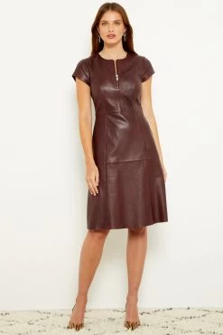 Burgundy Luxury Leather Zip Front Fit & Flare Dress -Trendora Shop a19dl002rd