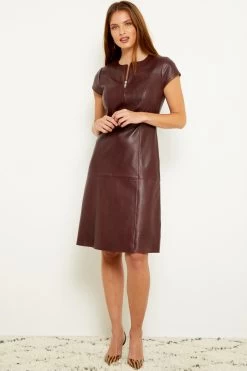Burgundy Luxury Leather Zip Front Fit & Flare Dress -Trendora Shop a19dl002rd 6 1