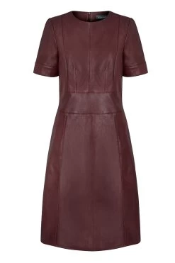 Burgundy Leather Panelled Shift Dress -Trendora Shop a19dl004rd00040010 burgundy panel detail dress copy