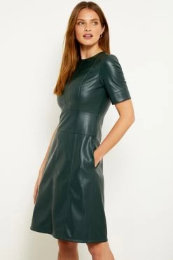 Dark Green Leather Look Panelled Shift Dress 13 Dark Green Leather Look Panelled Shift Dress -Trendora Shop a19dp006gn 11 1