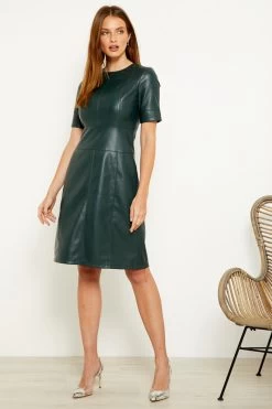 Dark Green Leather Look Panelled Shift Dress 14 Dark Green Leather Look Panelled Shift Dress -Trendora Shop a19dp006gn 2 1