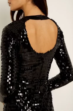 Black Sequin Cut Out Back Detail Dress -Trendora Shop a19dw183 19