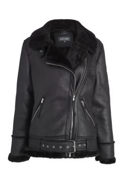 Black Faux Shearling Biker Jacket -Trendora Shop a19ol004bk0001 box