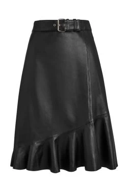 Black Leather Asymmetric Ruffle Hem Skirt 10 Black Leather Asymmetric Ruffle Hem Skirt -Trendora Shop a19sl004 bk0001black leather aline copy