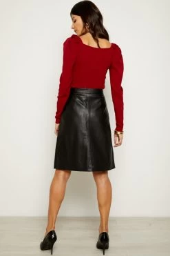 Black Leather Zip Front A-Line Skirt -Trendora Shop a19sl008 100
