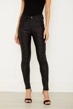 Black Textured Leopard Print Coated Skinny Jeans