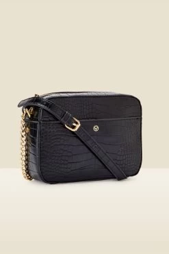 Black Croc Faux Leather Chain Detail Cross Body Bag