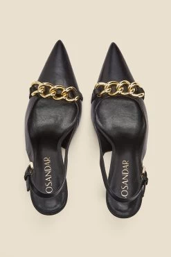 Ariana Black Leather Chain Detail Slingback Court Shoe -Trendora Shop a22fw039bn c rt
