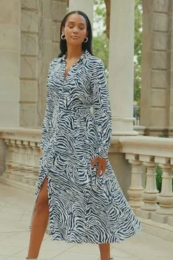 Blue & White Zebra Print Midi Shirt Dress -Trendora Shop a5fc8f06921e6bde06d59218806b511b24d01636