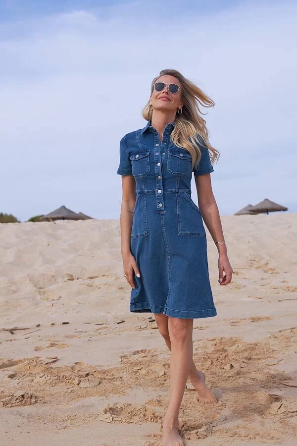 Indigo Blue Popper Front Short Sleeve Stretch Denim Dress 7 Indigo Blue Popper Front Short Sleeve Stretch Denim Dress - Image 7