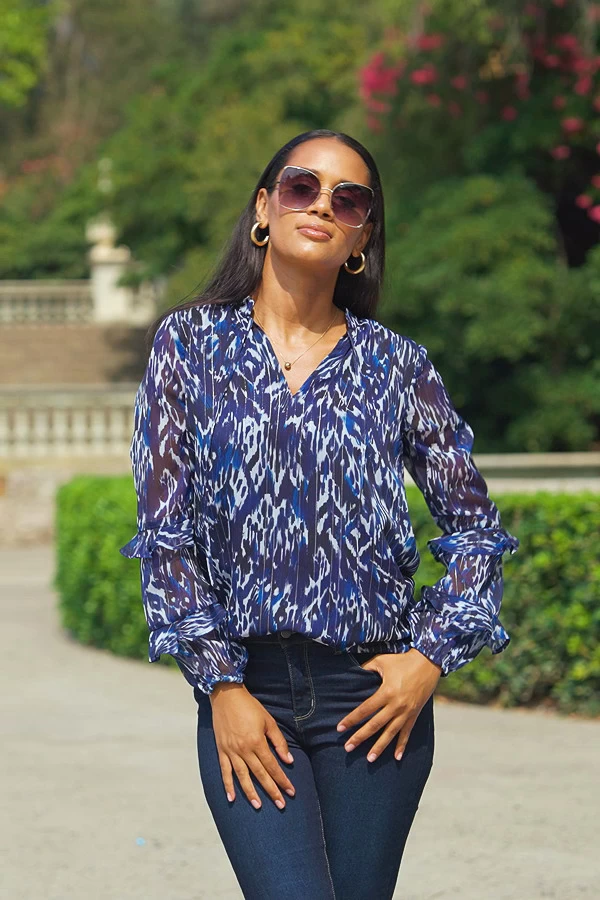 Blue Aztec Print Metallic Stripe Frill Sleeve Blouse 6 Blue Aztec Print Metallic Stripe Frill Sleeve Blouse - Image 6