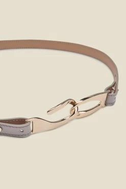 Taupe Patent Leather Slim Waist Belt With Gold Clasp -Trendora Shop aw19as11 c 1
