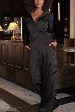 Black Satin Wide Leg Utility Jumpsuit -Trendora Shop b182eab424ba4f5155aa6461a269d2bc44e6267a