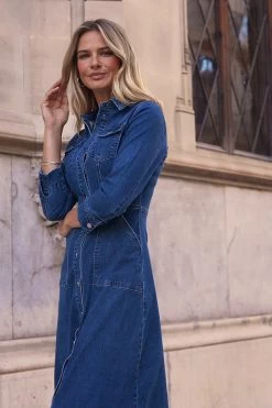 Mid Blue Popper Front Denim Midi Dress With Pockets -Trendora Shop b4a65496dfcf8cf12e370fbafbd08bed282da95e