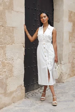 Ivory Belted Denim Midi Dress -Trendora Shop b569f1e143bfdc71d0908cd260955747aed7c5e0