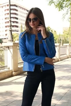 Cobalt Blue Zip Front Round Neck Leather Jacket -Trendora Shop b7406475199085585968aebd182ef093d87d439d