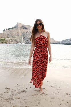 Red Leopard Print Halter Neck Sunshine Dress -Trendora Shop bae797196d4146f5f02ad7fa1ae34dccd90063c4