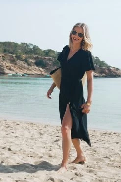 Black Crinkle Angel Sleeve Wrap Beach Dress -Trendora Shop bbee1d6c80387650e0d0012c732fa92fec5fbdde