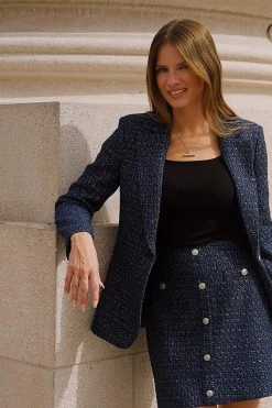 Navy Blue Boucle Blazer -Trendora Shop bdf44fdf9738571ea254fca6ba9175c996be0e83