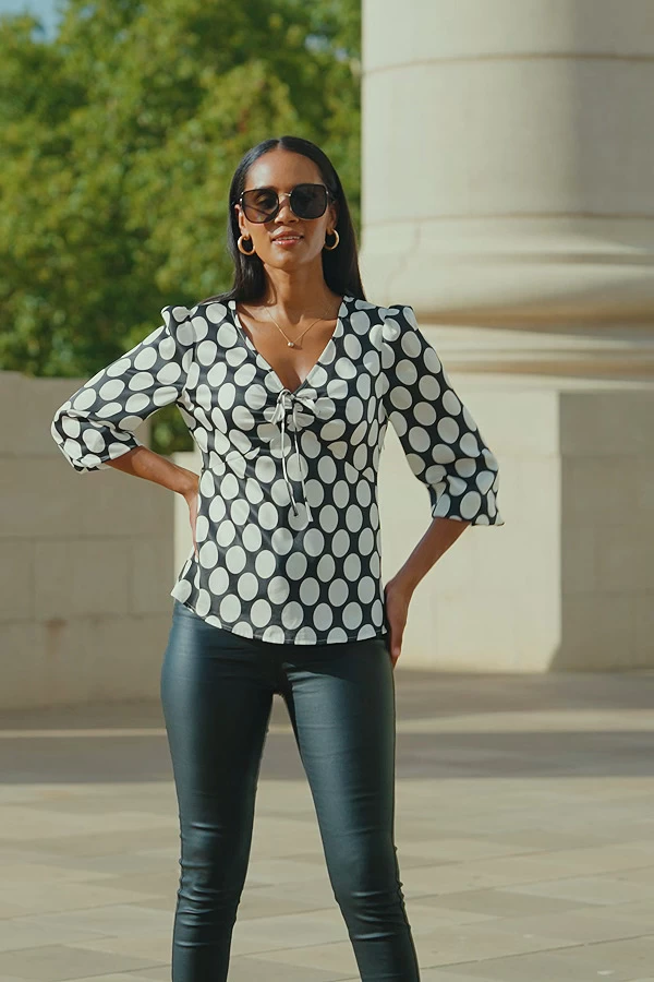 Black & White Spot Print Tie Detail Satin Top 6 Black & White Spot Print Tie Detail Satin Top - Image 6