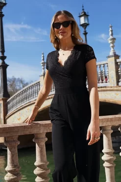 Black Lace Detail Cap Sleeve Jumpsuit -Trendora Shop c6973760a5cebf1838e1f3ae30eae1a0c4f2016d