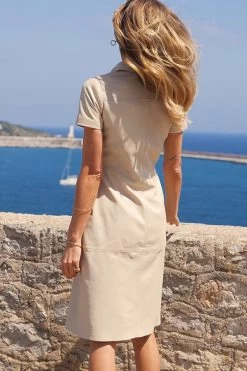 Ecru Leather Short Sleeve Shirt Dress -Trendora Shop c81585b62cb67774197e381bbb4b25fb9fa03959