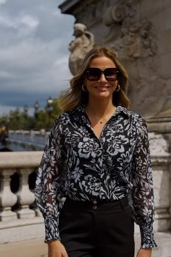 Black Floral Print Shirred Cuff Shirt With Silver Detail -Trendora Shop c91490c787cf3da646c8208602269f27ab0dfe1b