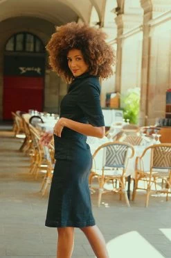 Black Buckle Detail Zip Front Denim Pencil Dress -Trendora Shop cd59f7d304db44cc17e89cc60bded0608018116f