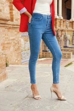 Mid Blue Braid-Detail Skinny Jeans -Trendora Shop cf6a16099dc4c237a5dc765a42826c7a9318e9c0