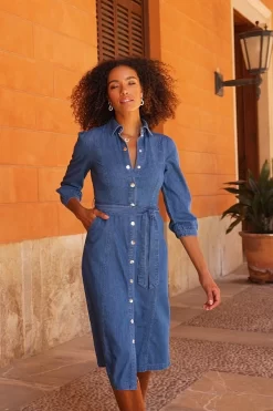 Mid Blue Popper Front Belted Denim Midi Dress -Trendora Shop d1a2433709745a071a4fb2ab6af8104b9574aa9d