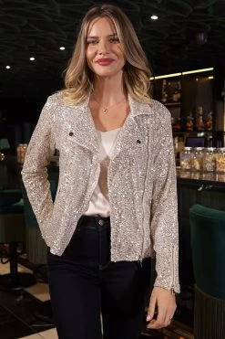 Silver Luxe Sequin Biker Jacket -Trendora Shop d3c29dbac58a47f33e69b78843f471a91b3ca520