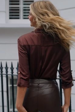 Chocolate Brown Satin Pocket Detail Utility Shirt -Trendora Shop d4f3b64eb0680c227994ed9f7be54cd08bcfe801