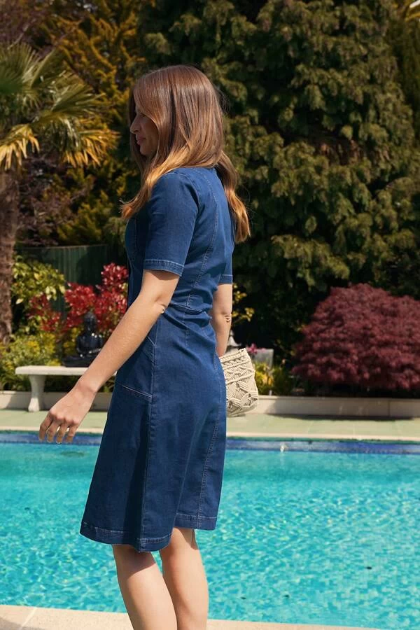 Indigo Blue Popper Front Short Sleeve Denim Dress 6 Indigo Blue Popper Front Short Sleeve Denim Dress - Image 6