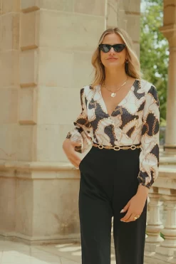 Black & White Chain Print Satin Two Part Wide Leg Jumpsuit -Trendora Shop db0428ea87d2eb46475093365b45992461837b93