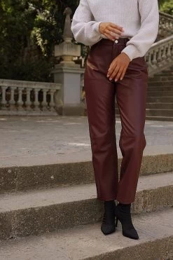 Wine Leather Straight Leg Trousers -Trendora Shop e1824b0351b47e8bcaf25c46a7eee8578a3184ef