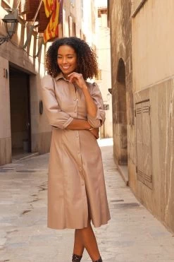 Taupe Faux Leather Popper Front Shirt Dress -Trendora Shop e20df63dd4176093cf70c6080c0ac87f450d9760