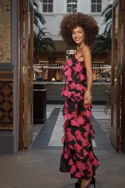 Black & Pink Floral Print Ruffle Detail Maxi Dress -Trendora Shop e5aabd4b9fa38519dca57bd7f95abbd9dafc8837