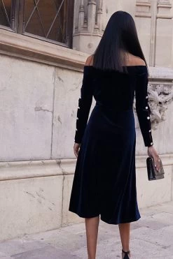 Midnight Blue Velvet Embellished Sleeve Bardot Dress -Trendora Shop ea726573c830f2fe9d5c1fd7894370cb1f898ab2