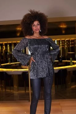 Pewter Metallic Plisse Bardot Belted Jersey Top -Trendora Shop eec0c79919f2fd2d3941d6473700a690dcb5d424