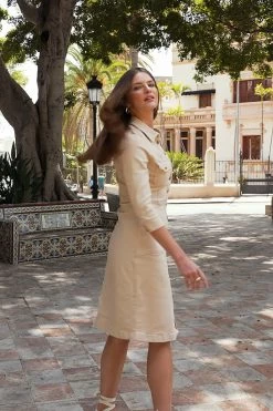 Ecru Popper Front 3/4 Sleeve Stretch Denim Dress -Trendora Shop f445e931fe18ab3532146a8b0ba903af04c0a6b7