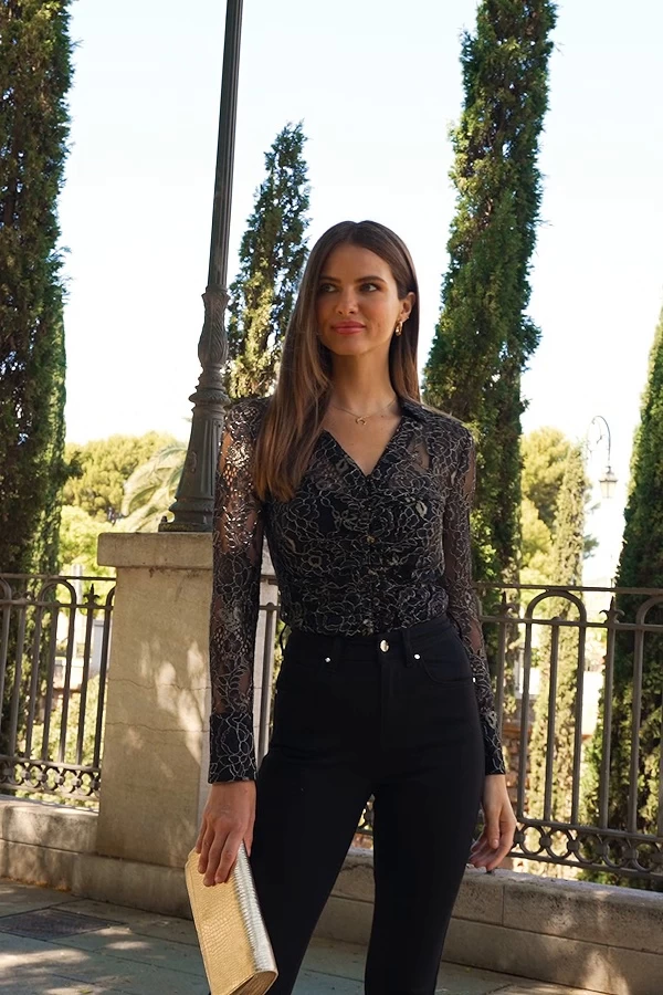 Black & Gold Luxe Lace Gathered Front Jersey Shirt 6 Black & Gold Luxe Lace Gathered Front Jersey Shirt - Image 6