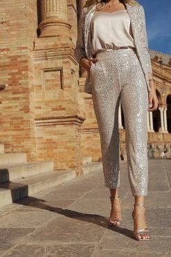 Champagne Gold Sequin Tapered Trousers -Trendora Shop f69be307e2d28037ec91791f2ede48e86403ff20