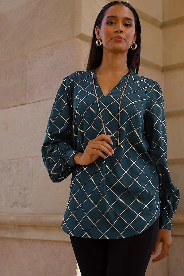 Green & Gold Check Print Chain Lace Up Blouse 5 Green & Gold Check Print Chain Lace Up Blouse - Image 5